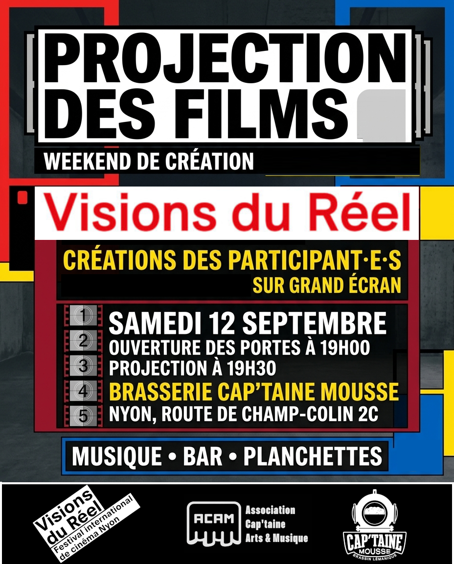Projection des films de l'atelier du weekend de création Vision du Réels 2026, réalisé par les jeunes de la région. Samedi 12 septembre 2026 à 19h00.